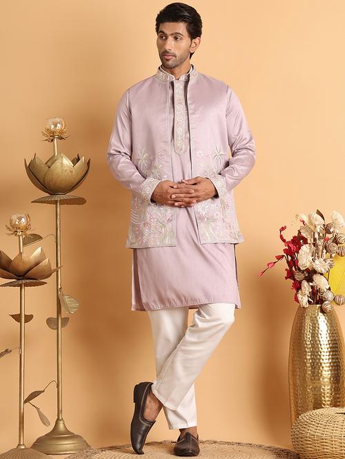 men lavender embroidered nehru jacket - 21664915 - Standard Image - 0