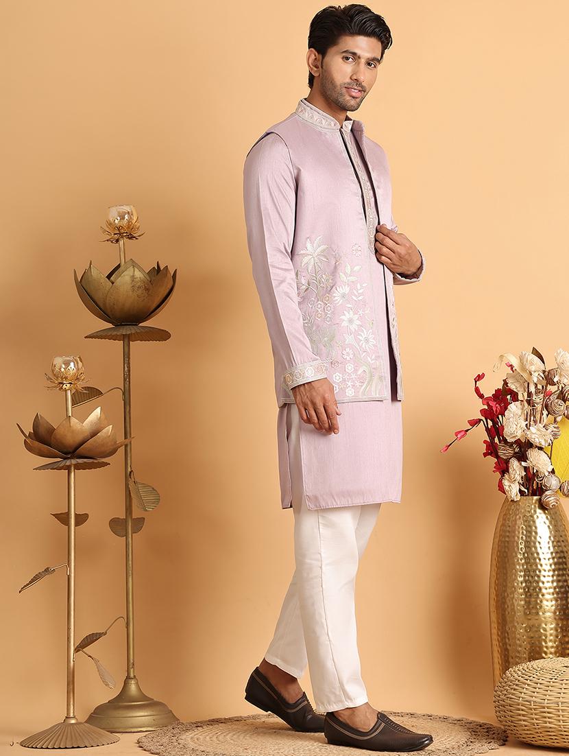 men lavender embroidered nehru jacket - 21664915 - Standard Image - 1