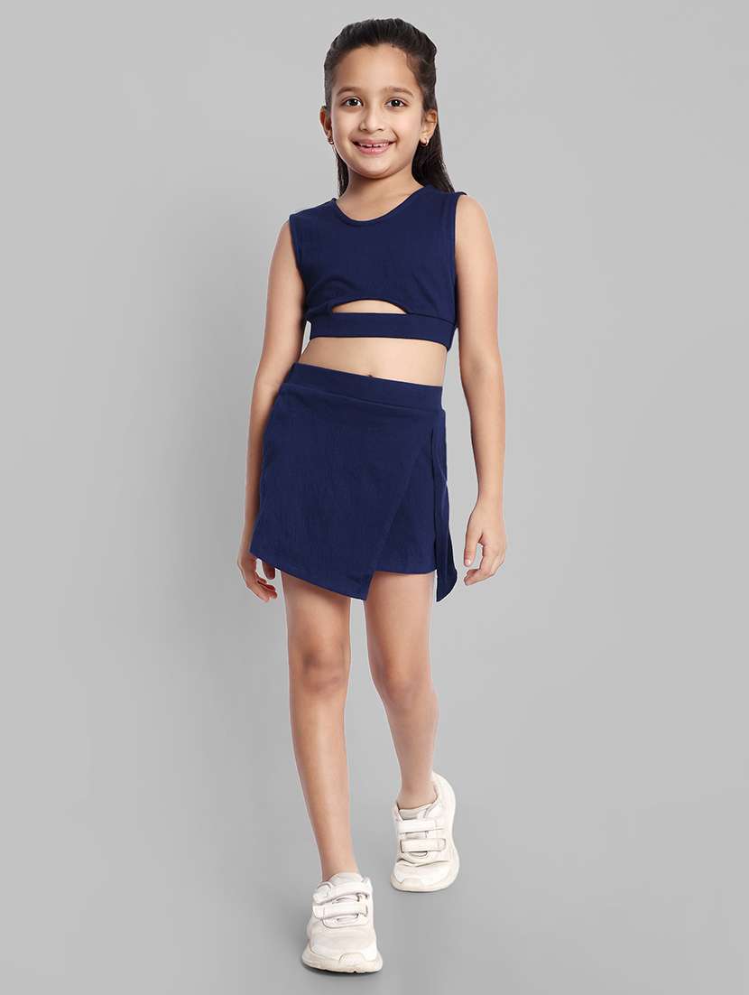 girls navy blue solid skirt top co-ords