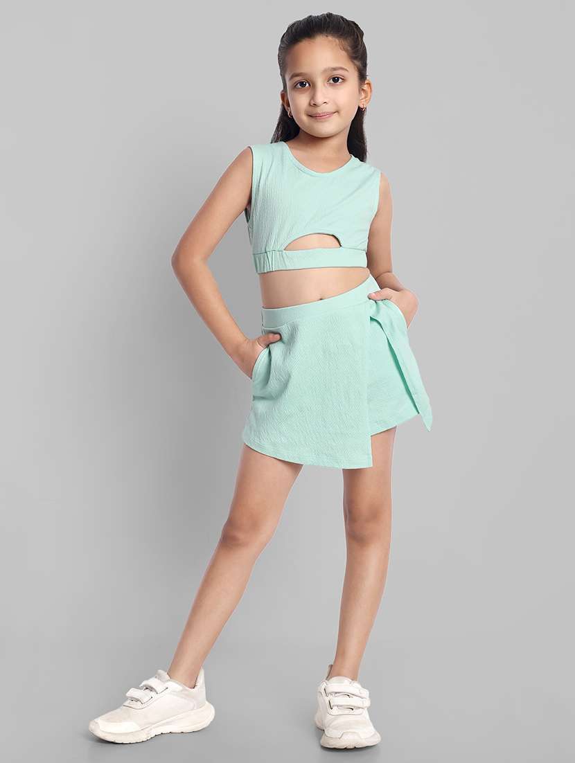 girls ai aqua solid skirt top co-ords