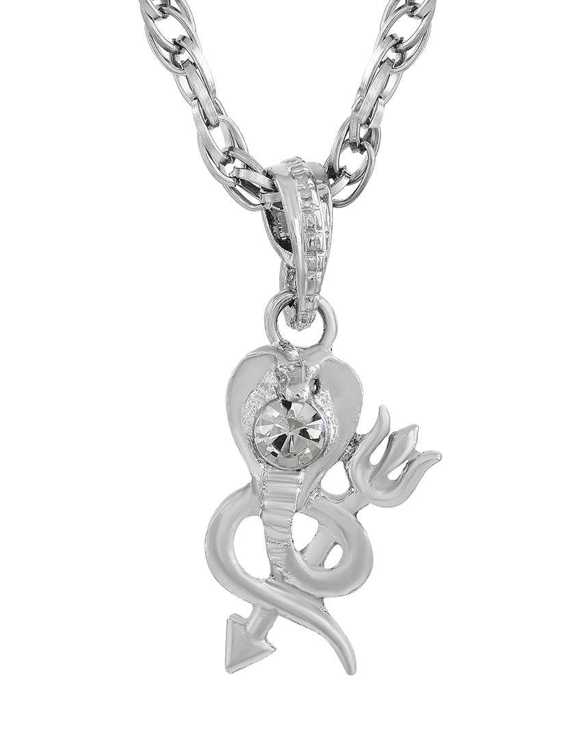 men silver plated white crystal chandra naagmani design snake shape pendant with chain - 21664928 -  Standard Image - 1