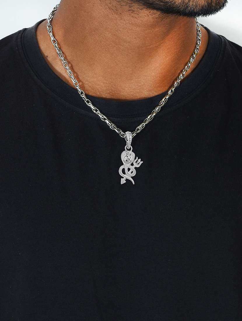 men silver plated white crystal chandra naagmani design snake shape pendant with chain - 21664928 -  Standard Image - 4