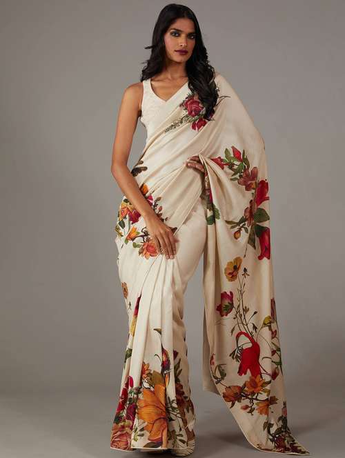 women white floral printed saree with blouse - 21664955 - Standard Image - 0