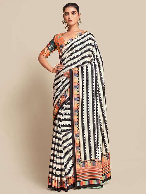 women black stripes printed saree with blouse - 21664956 -  Standard Image - 0