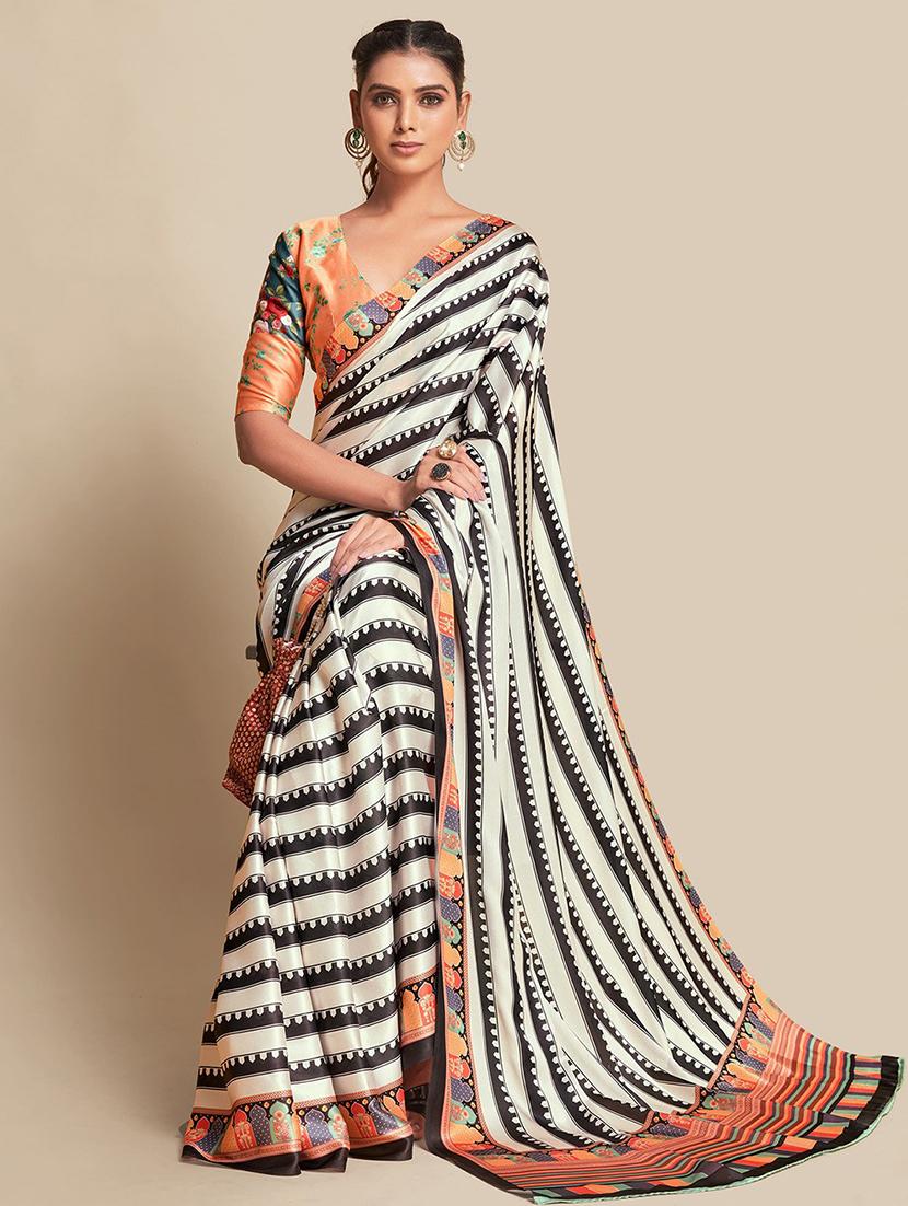 women black stripes printed saree with blouse - 21664956 -  Standard Image - 1