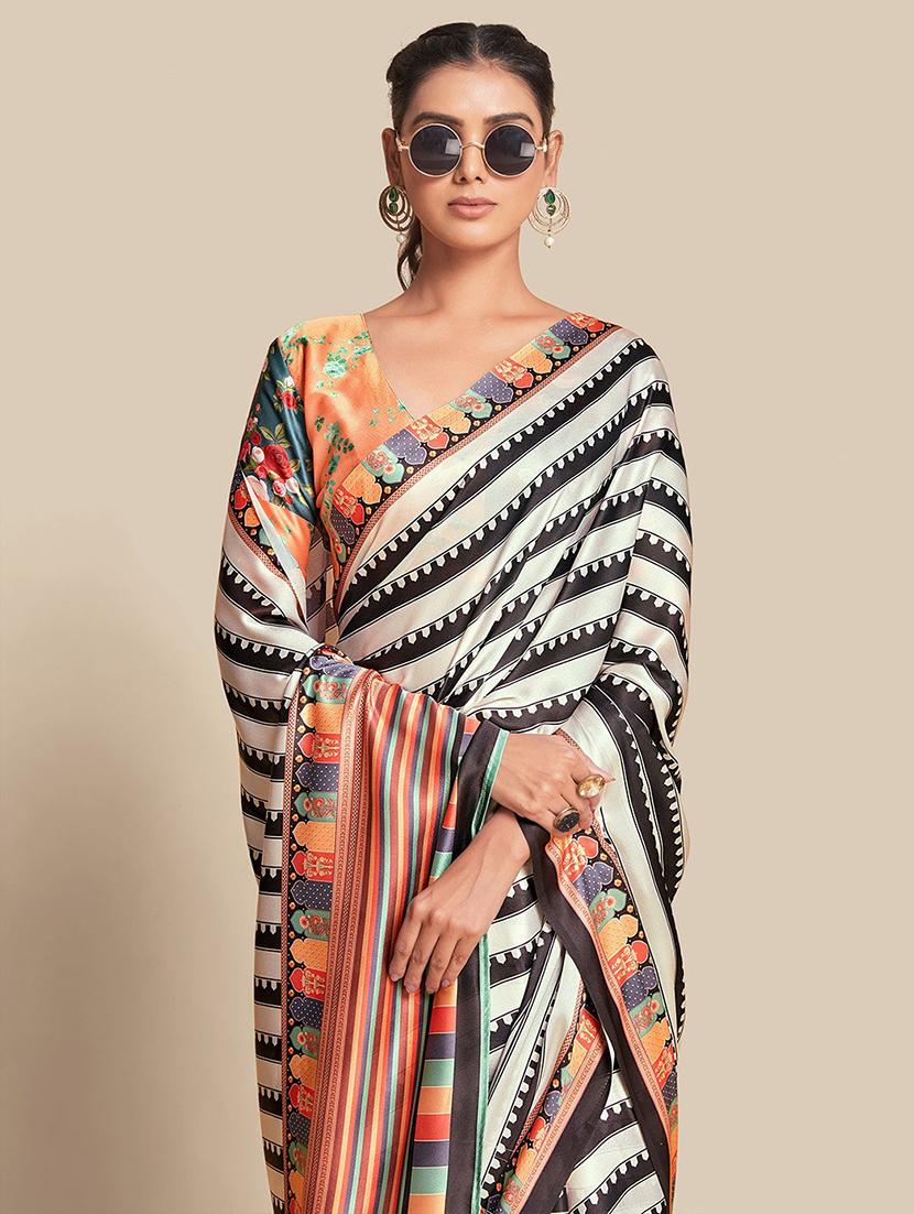 women black stripes printed saree with blouse - 21664956 - Standard Image - 4