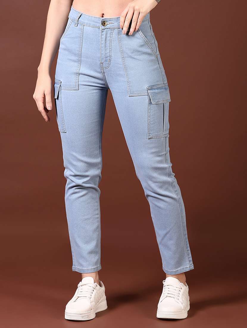 women solid mid rise denim cargo