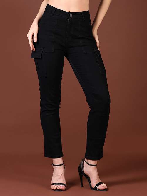 women solid high rise denim cargo