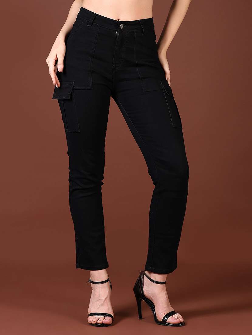 women solid high rise denim cargo