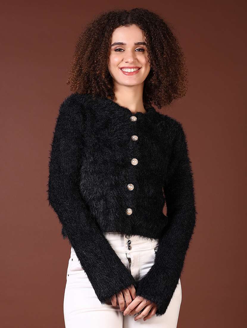 women solid ong sleeves crop cardigan