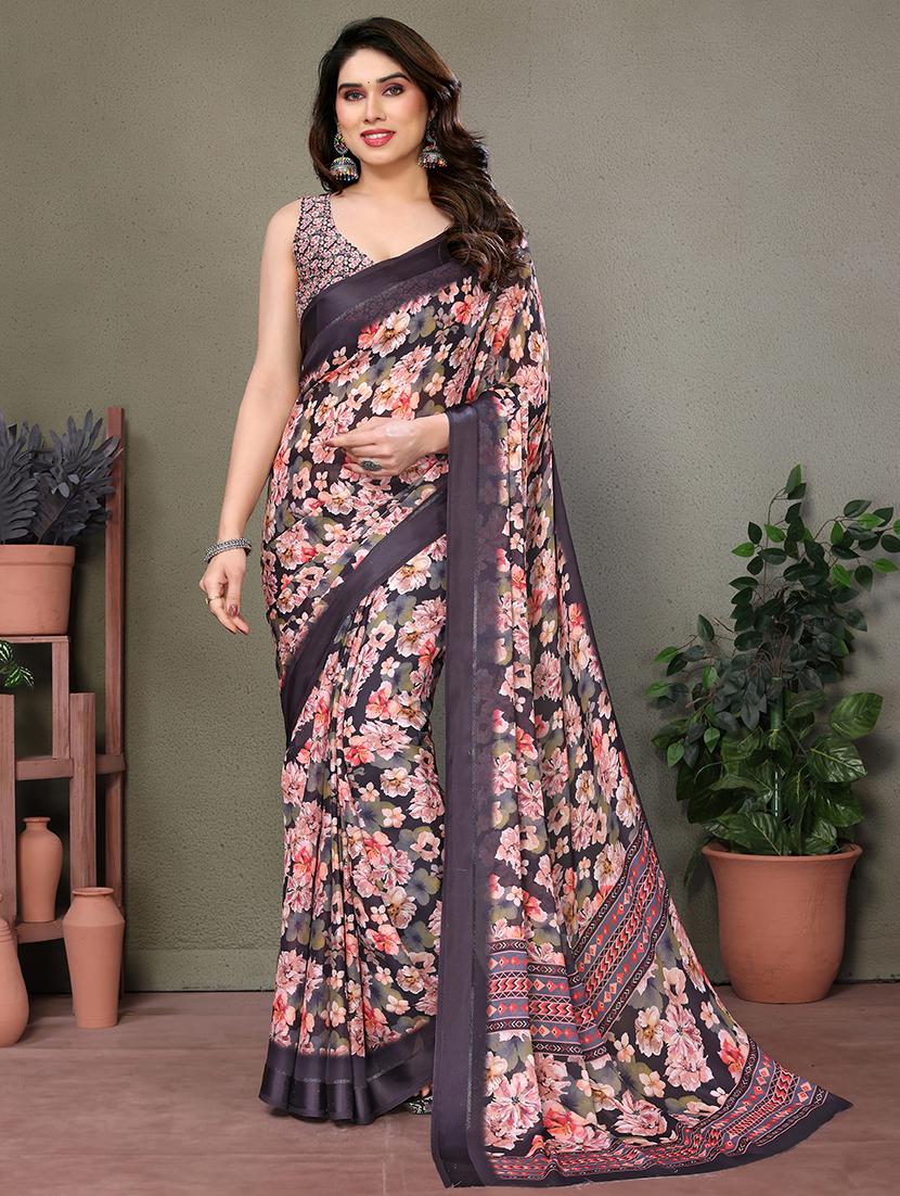 women black floral printed saree with blouse - 21665273 -  Zoom Image - 0