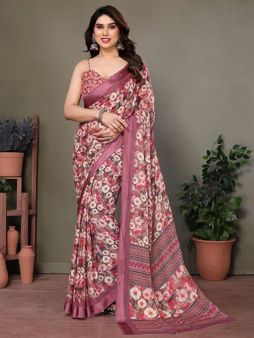 women pink floral printed saree with blouse - 21665275 - Standard Image - 0