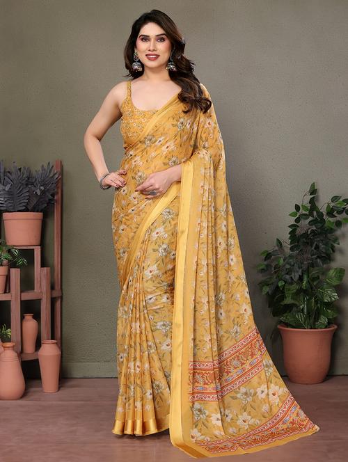 women yellow floral printed saree with blouse - 21665276 - Standard Image - 0