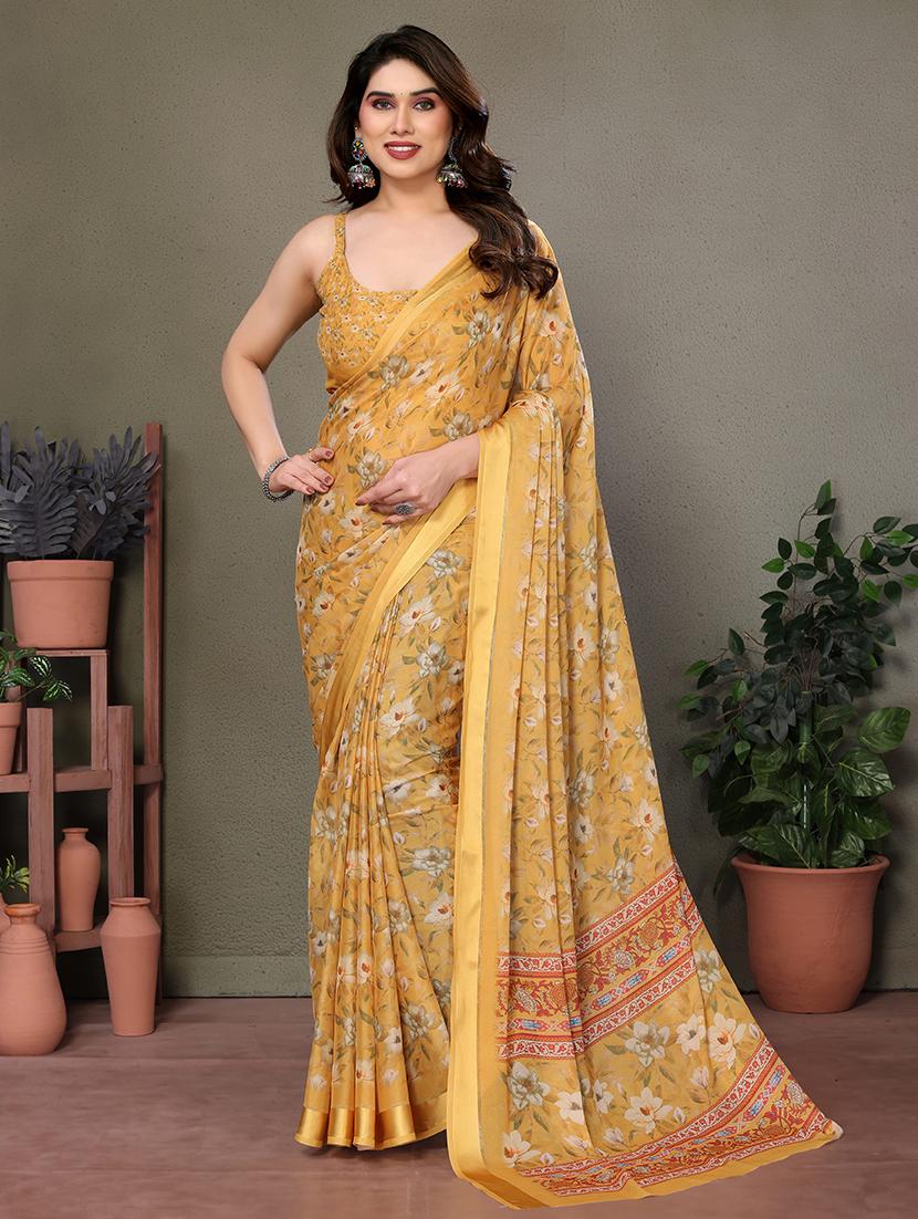 women yellow floral printed saree with blouse - 21665276 - Zoom Image - 0