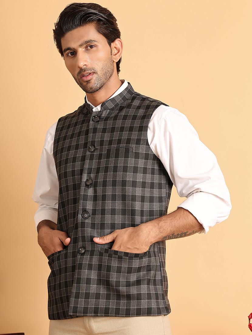 men checks mandarin neck nehru jacket - 21665463 -  Standard Image - 1