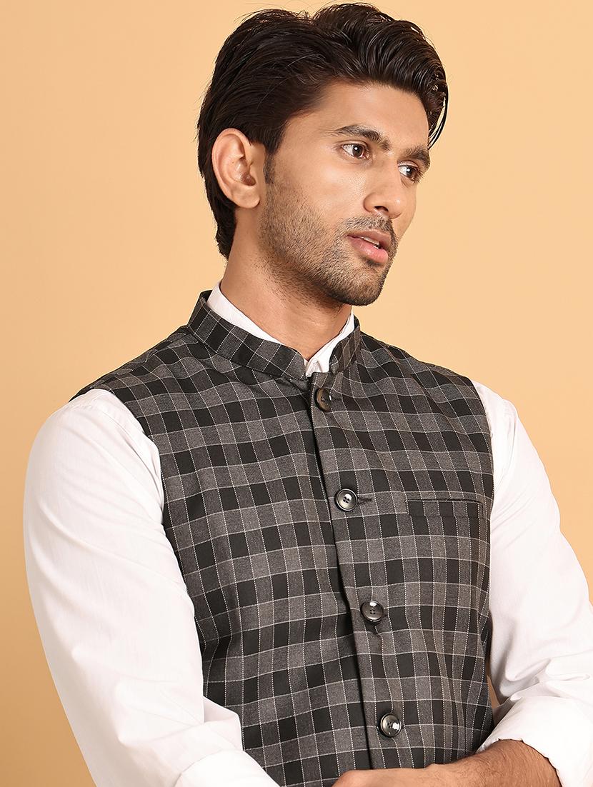 men checks mandarin neck nehru jacket - 21665463 - Standard Image - 4