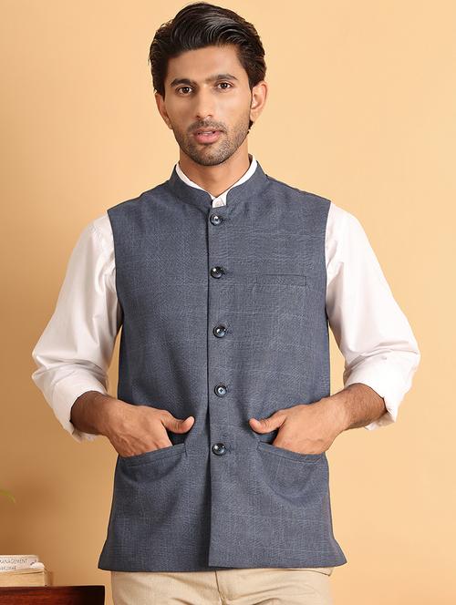 men checks mandarin neck nehru jacket - 21665465 - Standard Image - 0