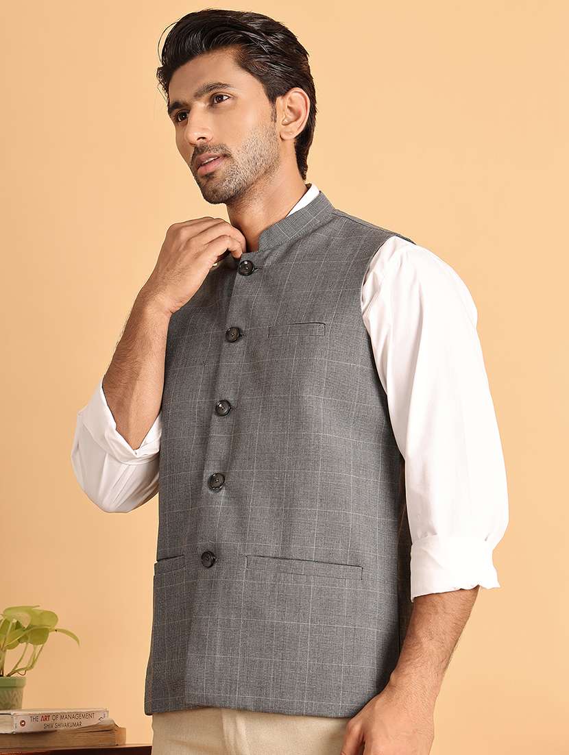 men checks mandarin neck nehru jacket - 21665466 -  Standard Image - 1