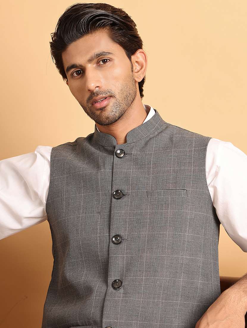 men checks mandarin neck nehru jacket - 21665466 -  Standard Image - 4
