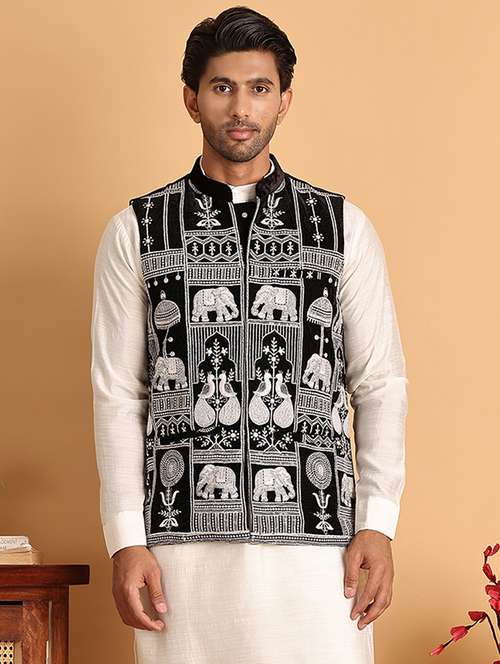 black velvet nehru jacket - 21665470 - Standard Image - 0