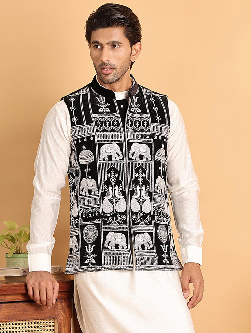 black velvet nehru jacket - 21665470 - Standard Image - 1