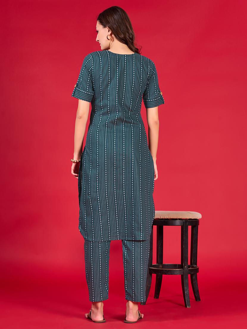 women stripes v neck kurta pant set - 21665562 - Standard Image - 1