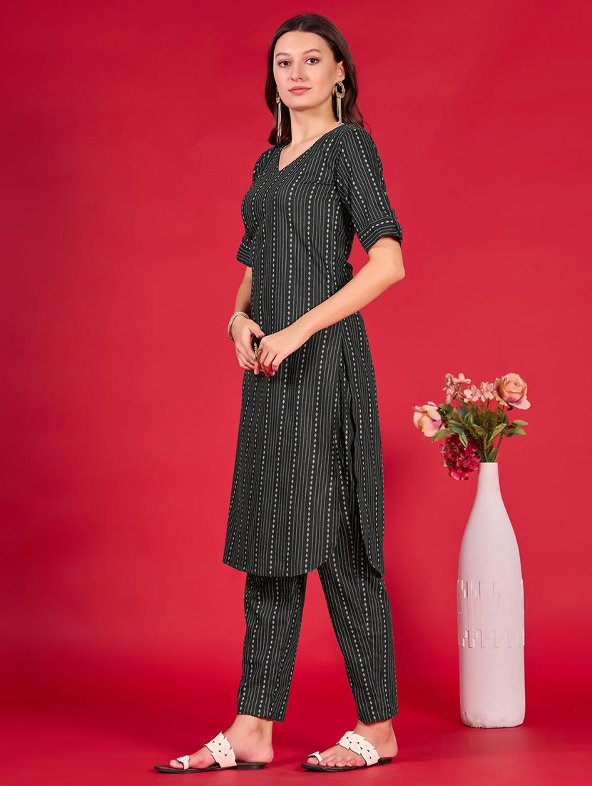 women stripes v neck kurta pant set - 21665567 - Standard Image - 1