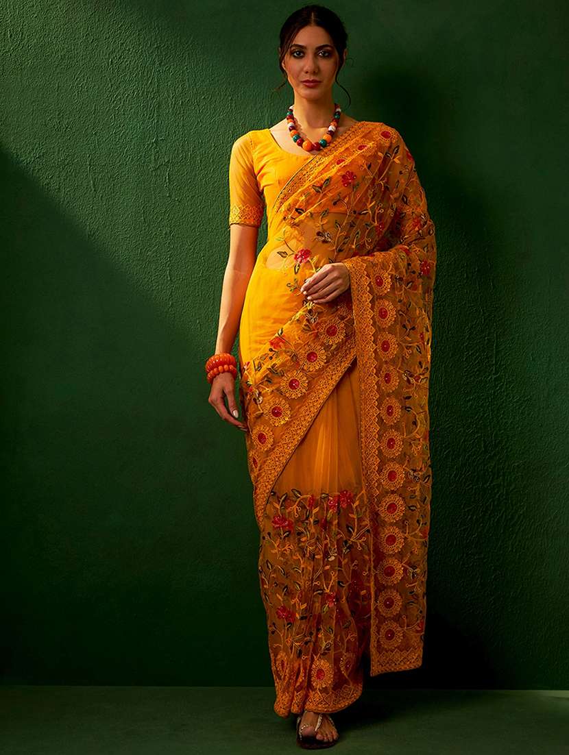 women solid with work embroidered saree with blouse