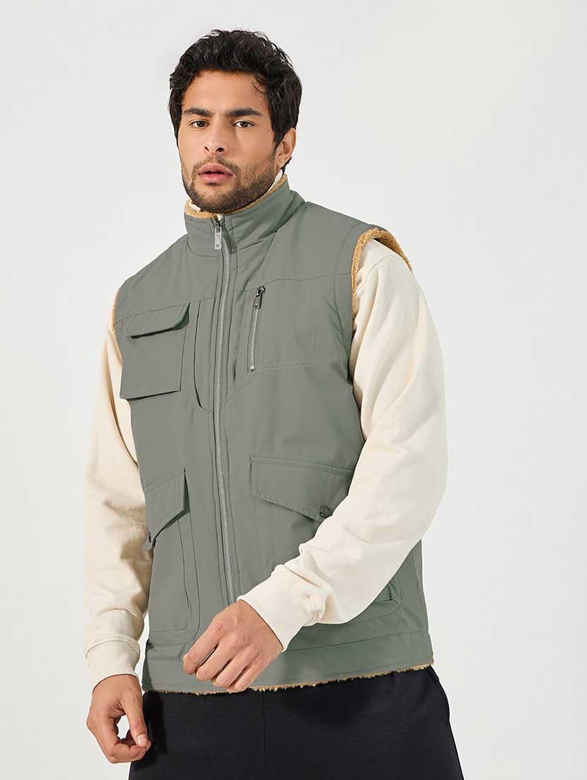 men grey solid sleeveless casual jacket - 21666278 -  Standard Image - 1