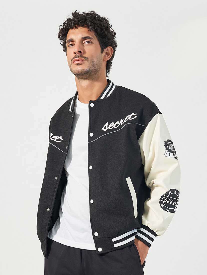 men black color block varsity jacket - 21666279 -  Standard Image - 1