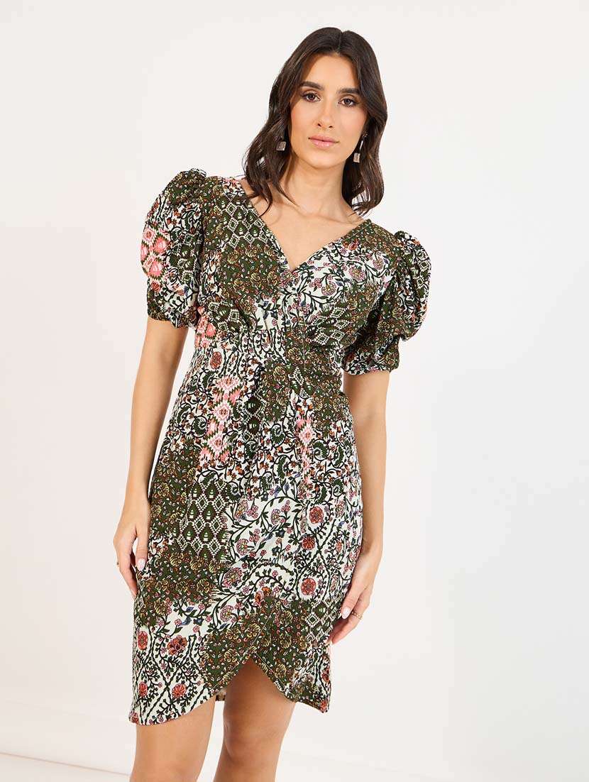 women printed puff sleeves wrap dress - 21666334 - Standard Image - 1