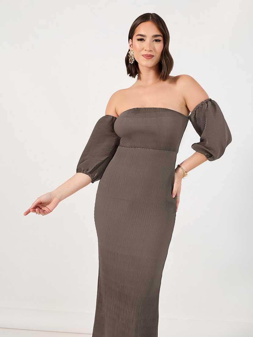 womemn solid off shoulder bodycon dress - 21666339 -  Standard Image - 1