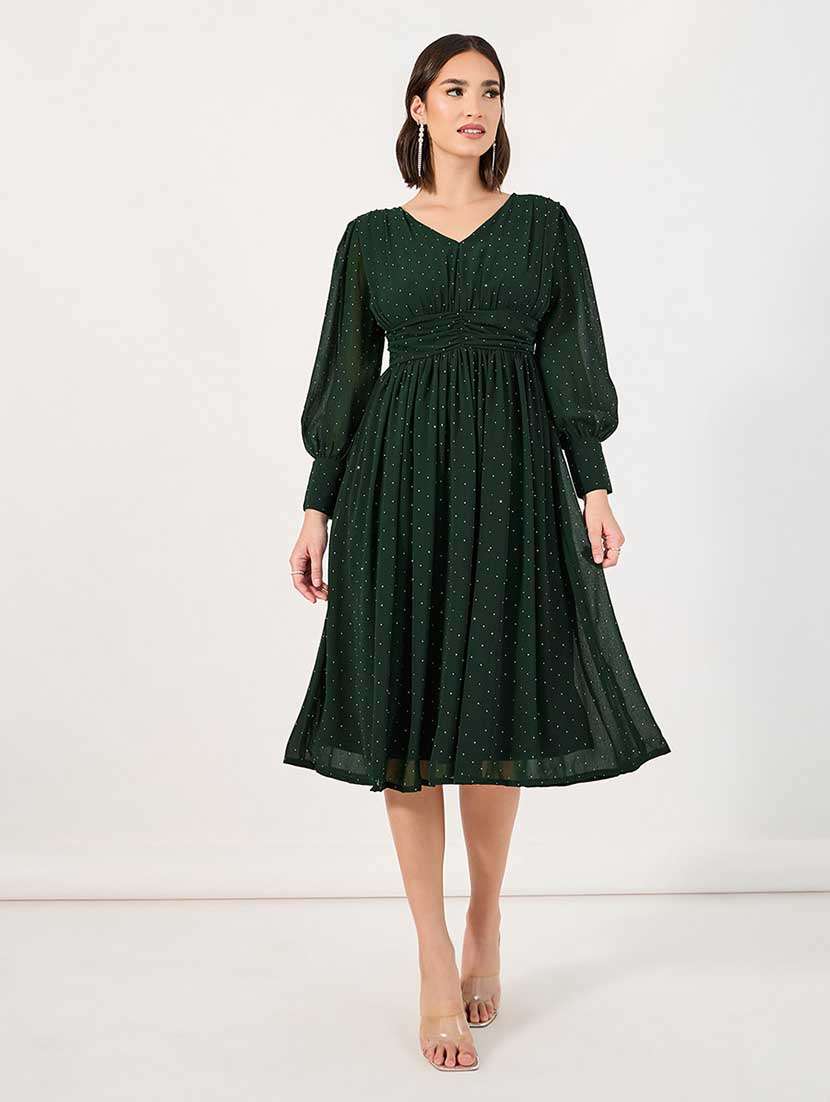 women polka doted puff sleeves fit & flare dress