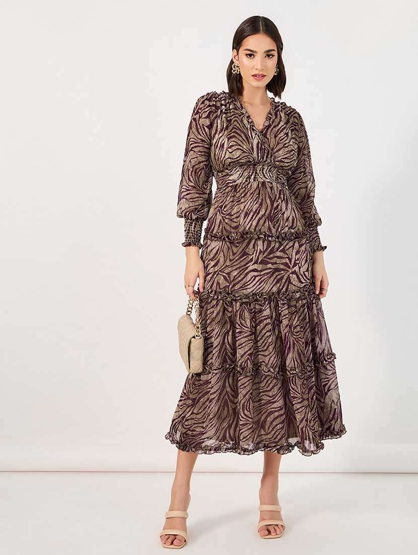 women abstract print puff sleeves tiered dress - 21666341 -  Standard Image - 4