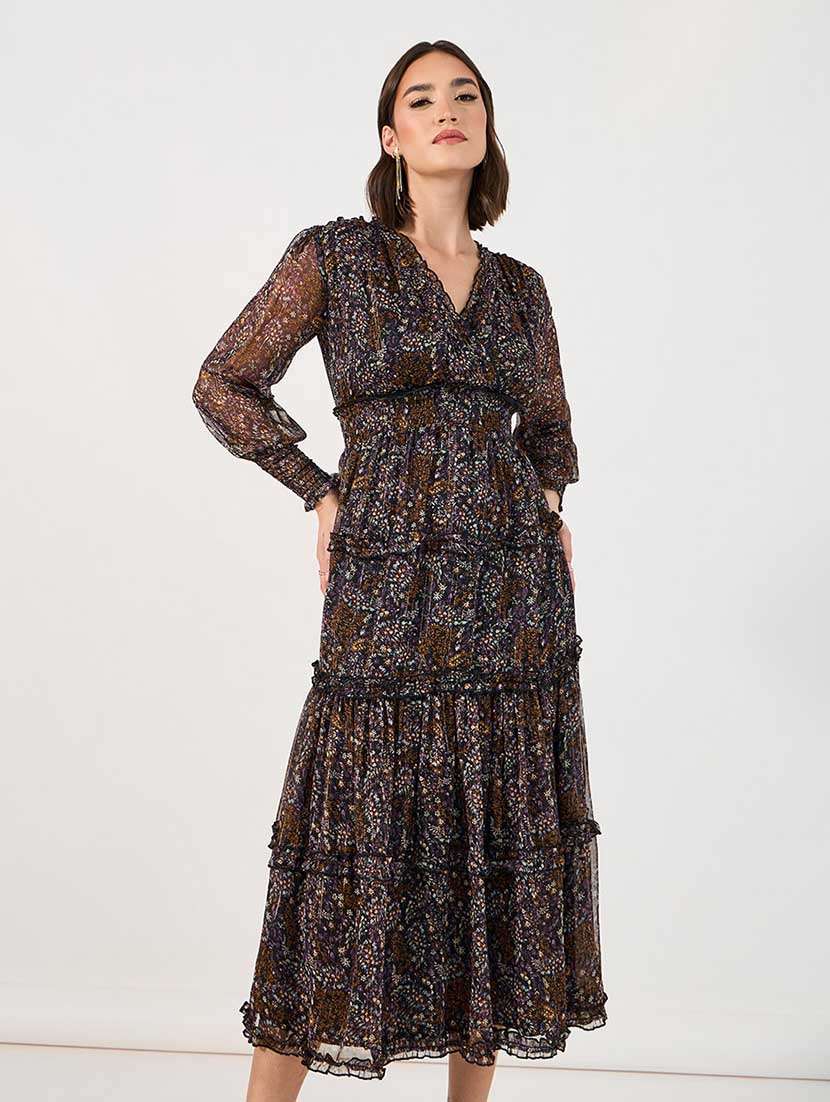 women printed puff sleeves tiered dress - 21666342 -  Standard Image - 1