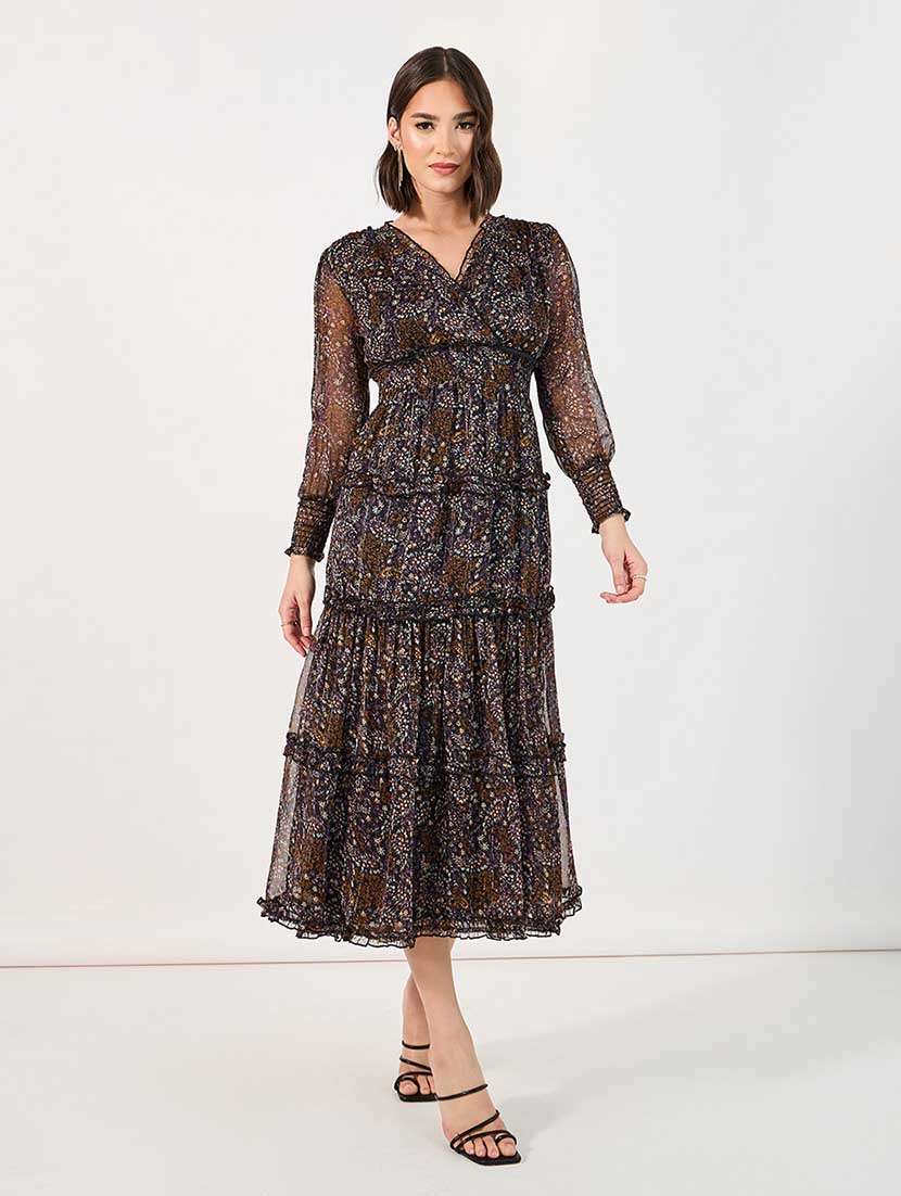 women printed puff sleeves tiered dress - 21666342 -  Standard Image - 4