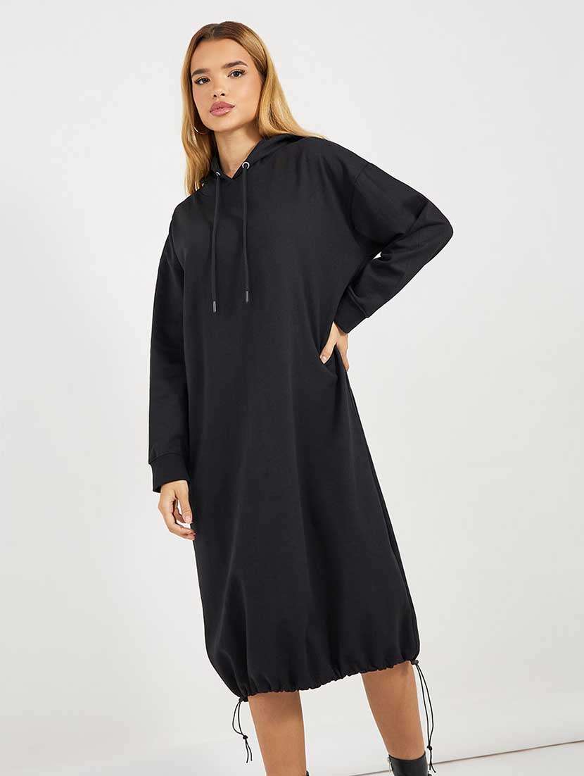 women solid long sleeves hooded t-shirt dress - 21666343 -  Standard Image - 1