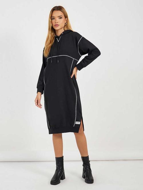 women solid long sleeves hooded t-shirt dress - 21666344 - Standard Image - 0