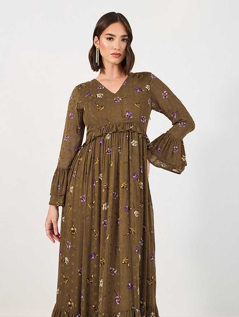 women floral print bell sleeves tiered dress - 21666349 - Standard Image - 1