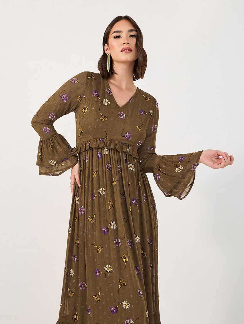 Women Floral Print Bell Sleeves Tiered Dress