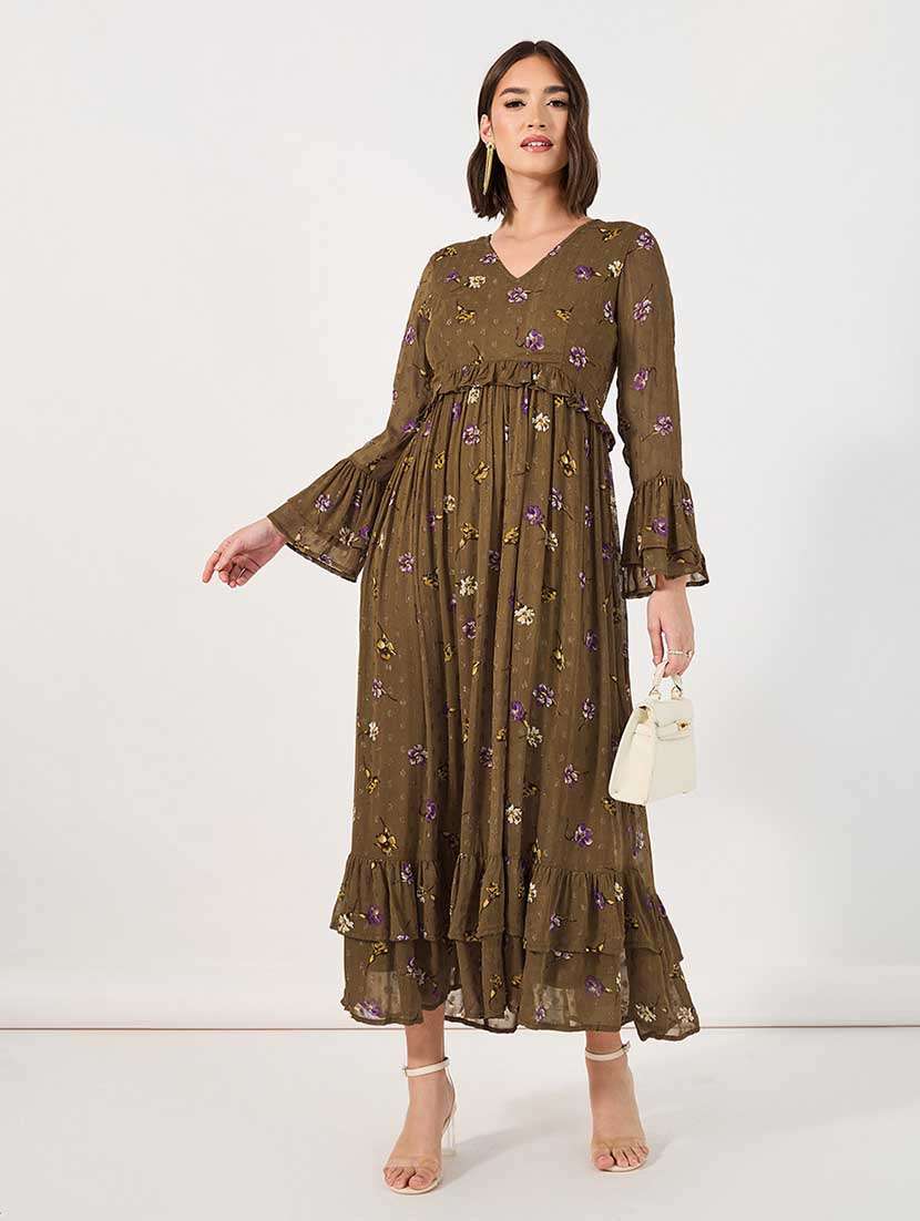 Women Floral Print Bell Sleeves Tiered Dress
