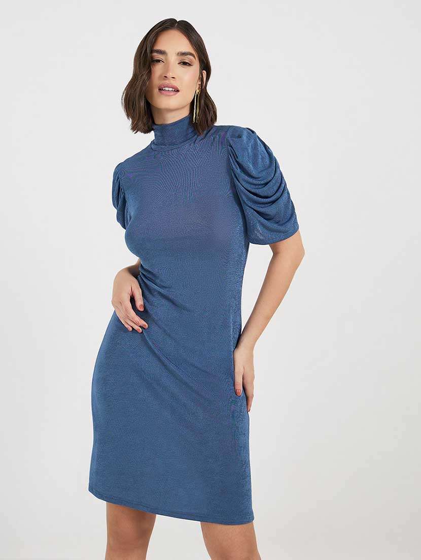 women solid high neck puff sleeves sheatth dress - 21666355 -  Standard Image - 1