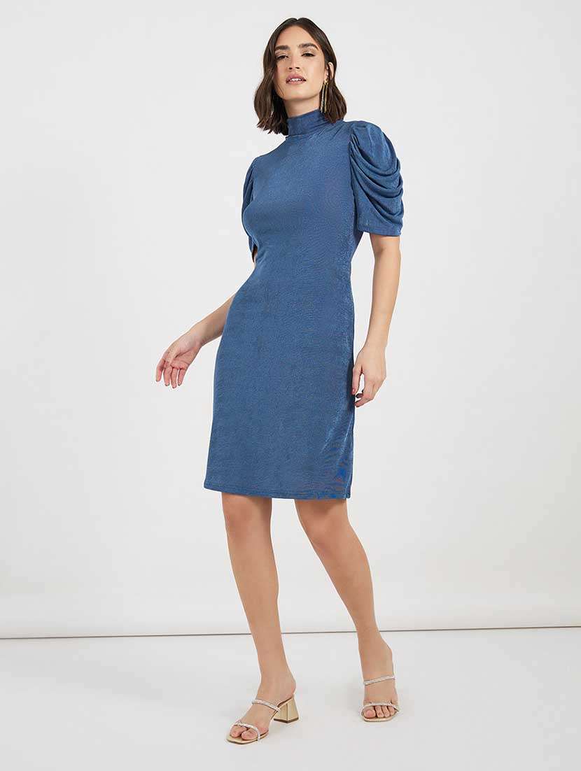 women solid high neck puff sleeves sheatth dress - 21666355 -  Standard Image - 4