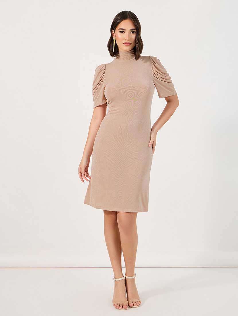 women solid high neck puff sleeves sheatth dress