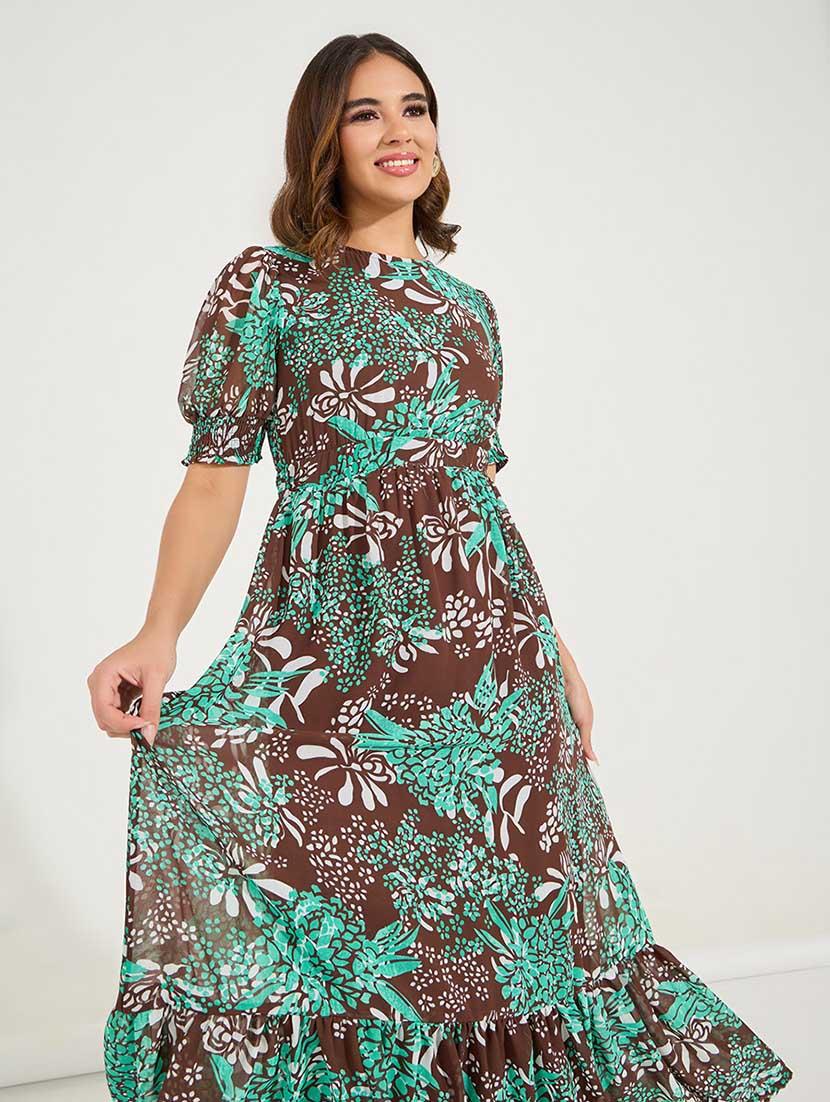 women printed puff sleeves tiered dress - 21666366 - Standard Image - 1