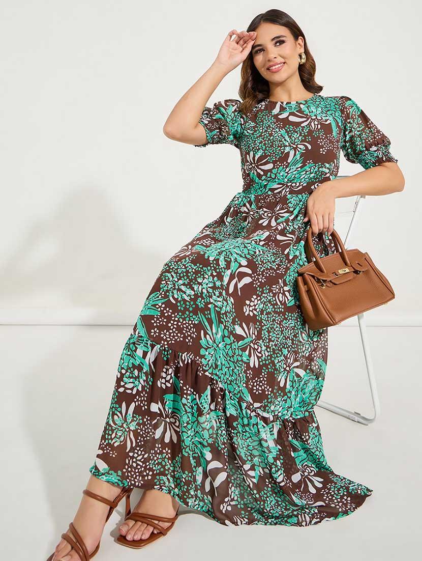 women printed puff sleeves tiered dress - 21666366 - Standard Image - 4