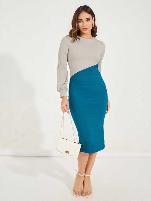 women color blocked puff sleeves bodycon dress - 21666369 -  Standard Image - 0