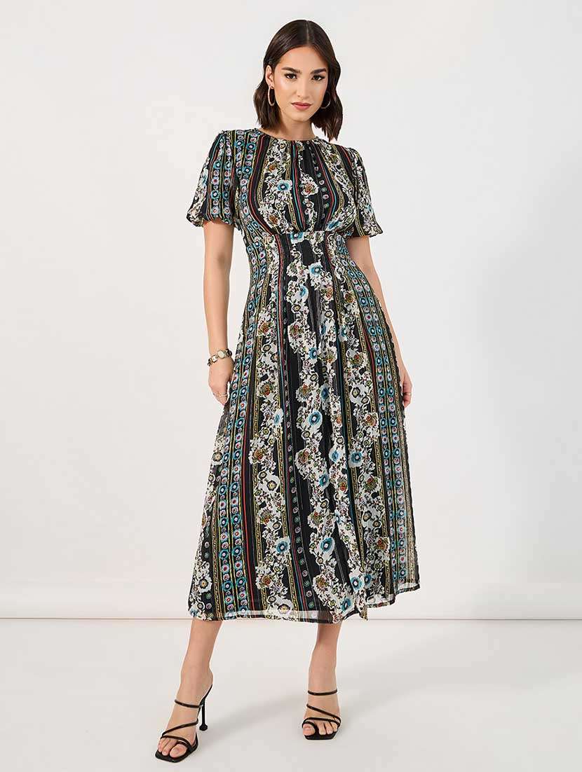 women printed puff sleeves fit & flare dress - 21666374 - Zoom Image - 0