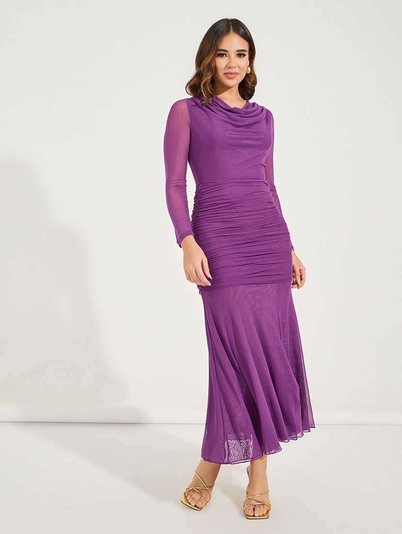 women solid ruched maxi dress