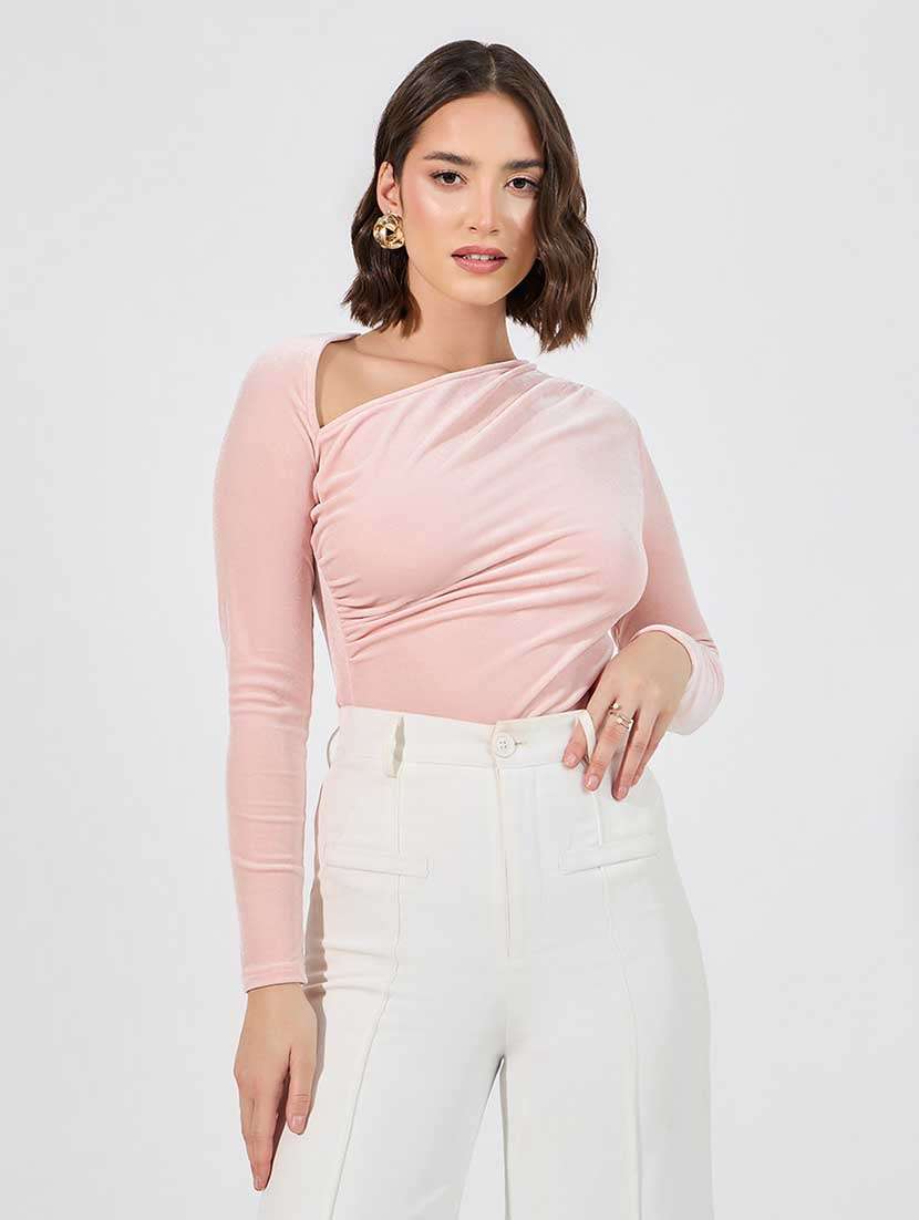 women solid asymmetric neck long sleeves top - 21666380 - Standard Image - 1